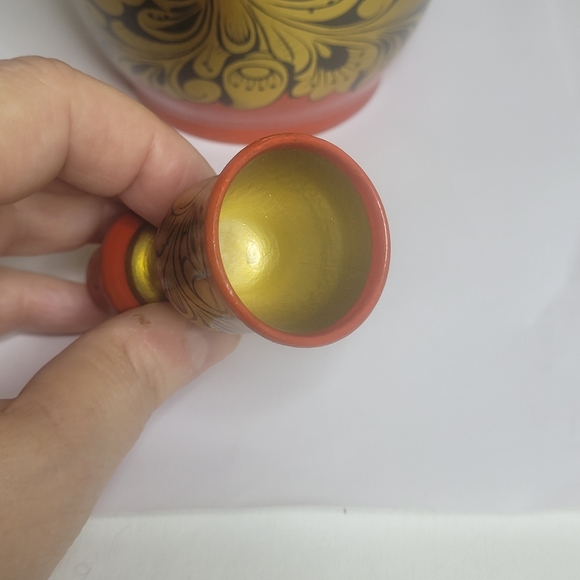 Vintage Russian Khokhloma wood set Vodka bottel 6 goblets one water gobl… - Picture 11 of 16
